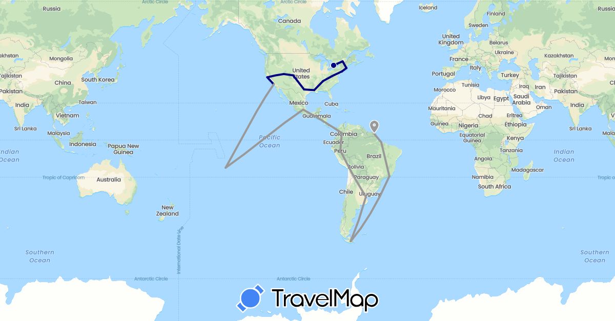 TravelMap itinerary: driving, plane in Argentina, Brazil, Canada, Colombia, France, Mexico, Peru, United States (Europe, North America, South America)